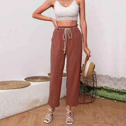 Straight-Leg Cropped Pants with High-Waist and Rope Belt