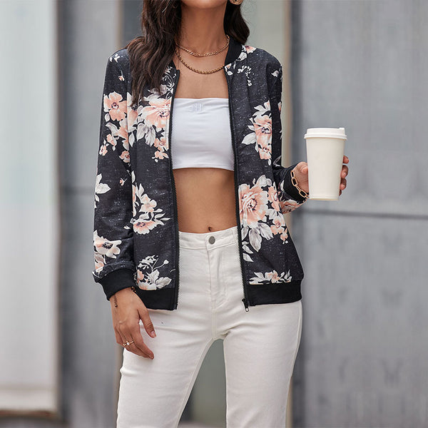 Floral Print Zip-Up Bomber Jacket with Ribbed Trim
