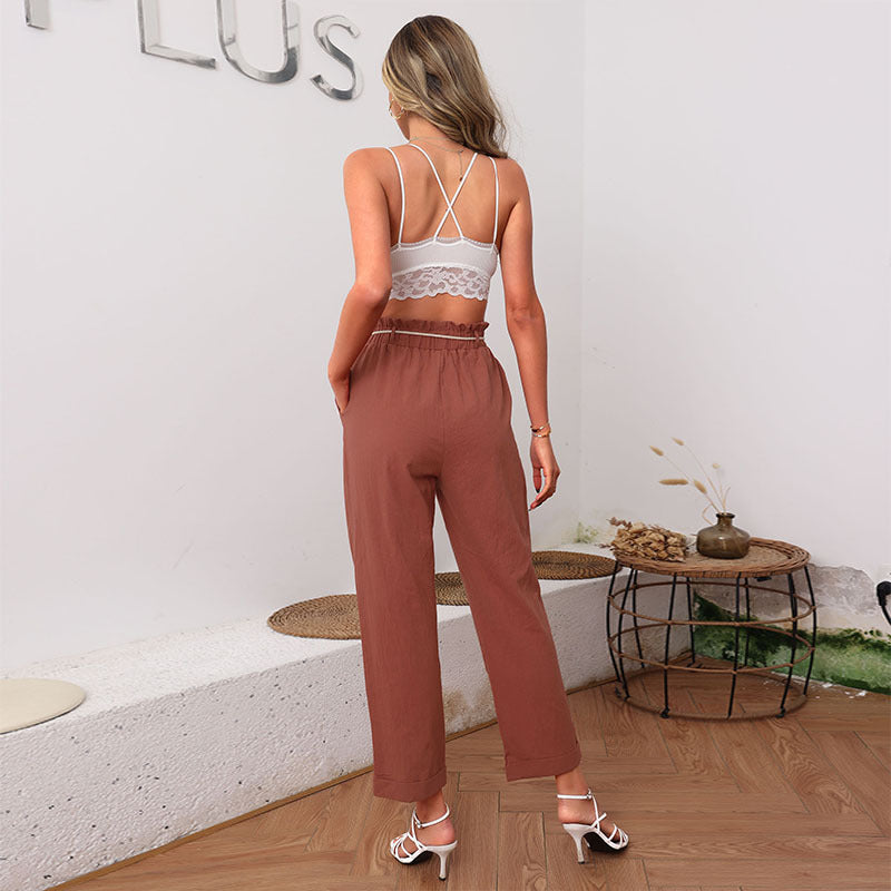 Straight-Leg Cropped Pants with High-Waist and Rope Belt