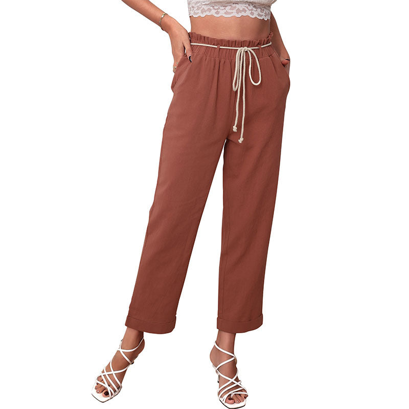 Straight-Leg Cropped Pants with High-Waist and Rope Belt