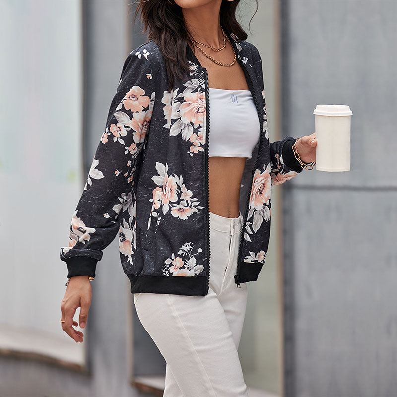 Floral Print Zip-Up Bomber Jacket with Ribbed Trim