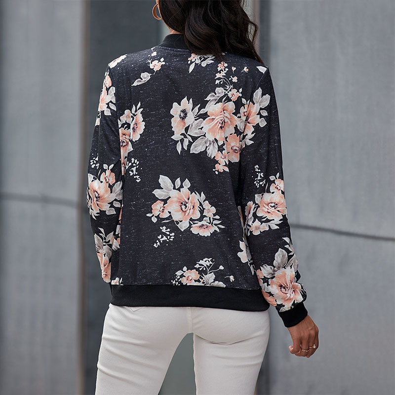 Floral Print Zip-Up Bomber Jacket with Ribbed Trim