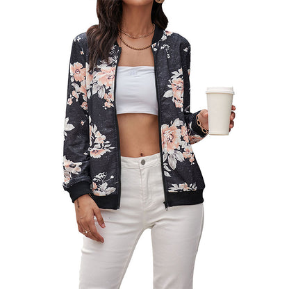 Floral Print Zip-Up Bomber Jacket with Ribbed Trim