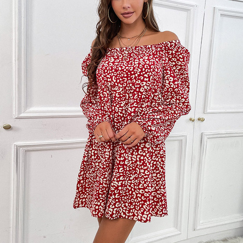 Leopard Print A-Line Mini Dress with Off-Shoulder Neckline