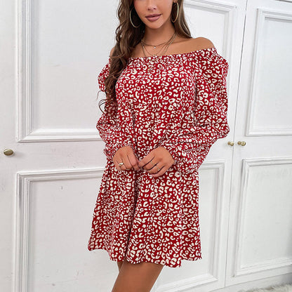 Leopard Print A-Line Mini Dress with Off-Shoulder Neckline
