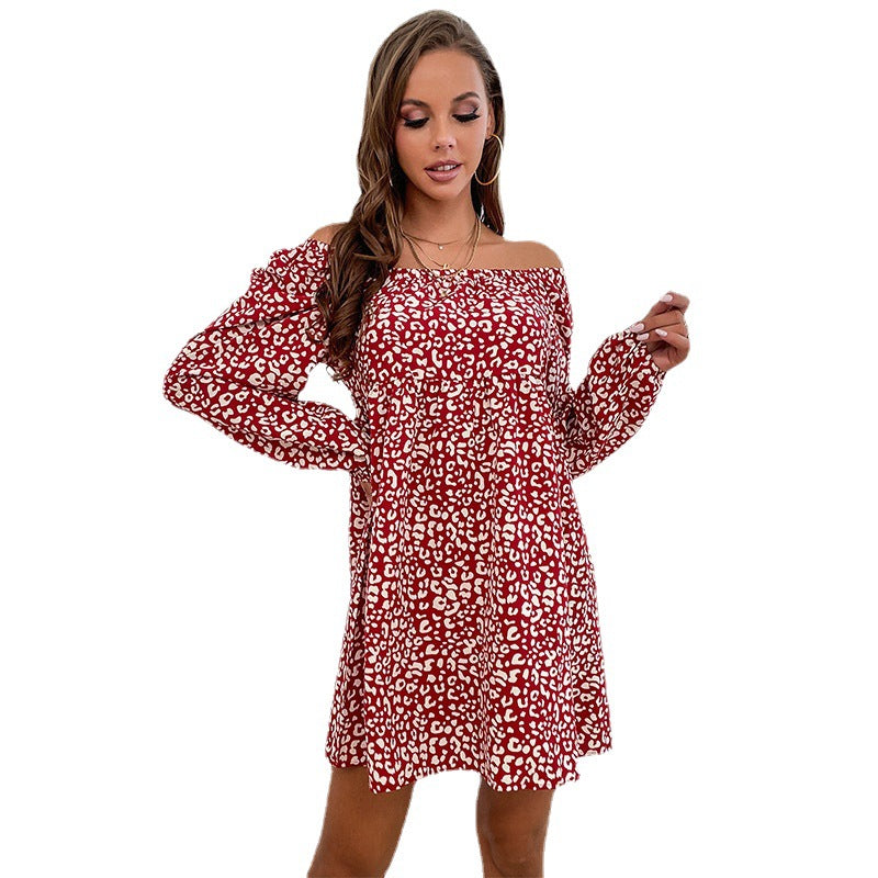 Leopard Print A-Line Mini Dress with Off-Shoulder Neckline