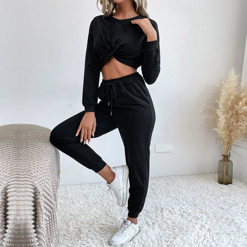 Solid Two-Piece Set with Twist-Front Crop Top and Joggers