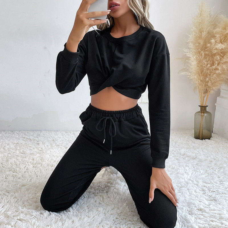 Solid Two-Piece Set with Twist-Front Crop Top and Joggers