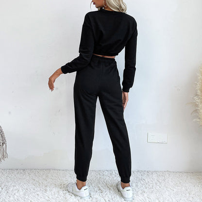 Solid Two-Piece Set with Twist-Front Crop Top and Joggers