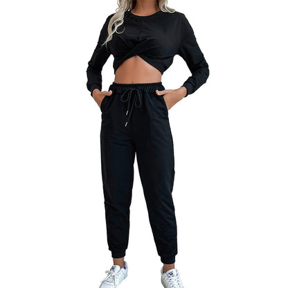 Solid Two-Piece Set with Twist-Front Crop Top and Joggers
