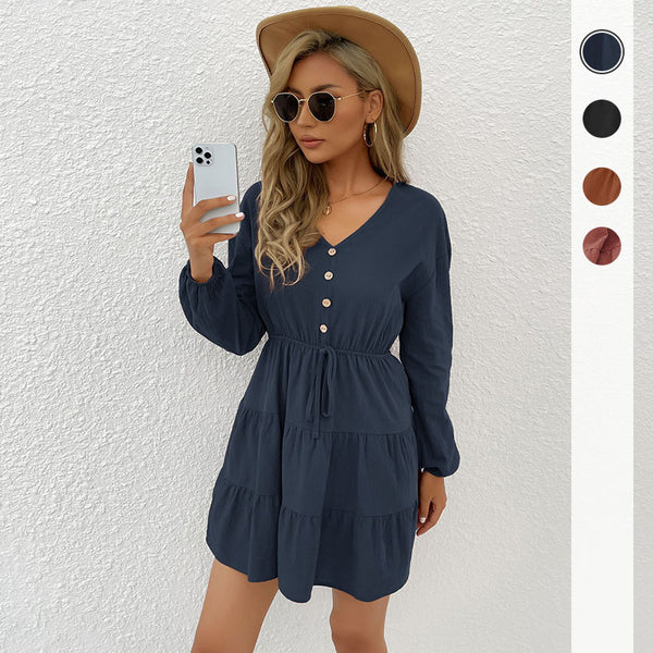 Solid Tiered A-Line Dress with V-Neck and Button Front