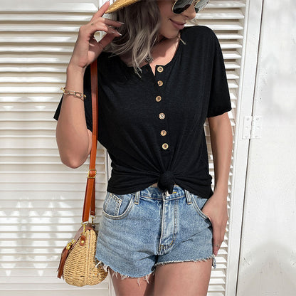 Loose Short-Sleeve Henley Top with Button Front