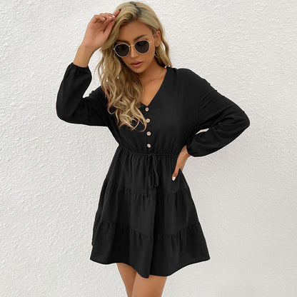 Solid Tiered A-Line Dress with V-Neck and Button Front