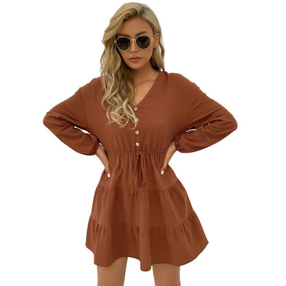 Solid Tiered A-Line Dress with V-Neck and Button Front