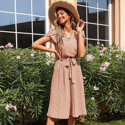 Printed Pleated Midi Dress with V-Neck and Tie Waist