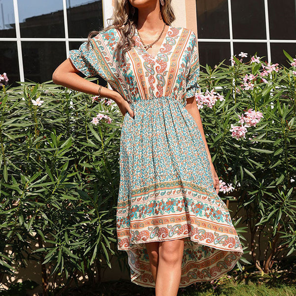Boho Floral Print High-Low Dress with V-Neck and Raglan Sleeves
