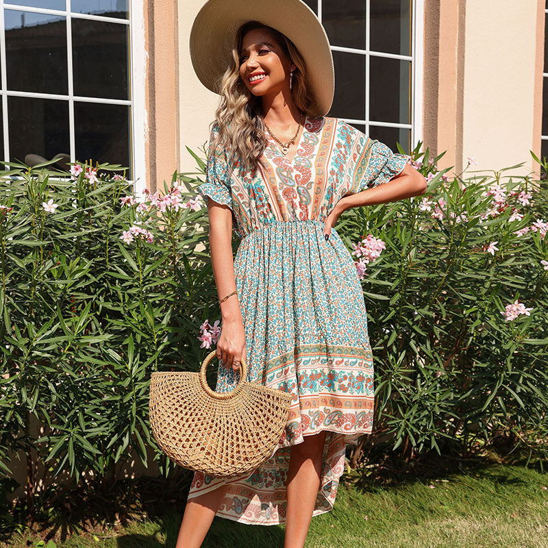 Boho Floral Print High-Low Dress with V-Neck and Raglan Sleeves