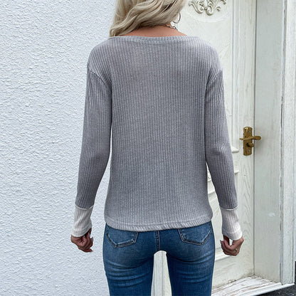 Leopard Print Patchwork Knit Top with V-Neck and Pocket
