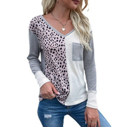 Leopard Print Patchwork Knit Top with V-Neck and Pocket