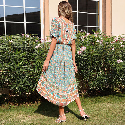 Boho Floral Print High-Low Dress with V-Neck and Raglan Sleeves