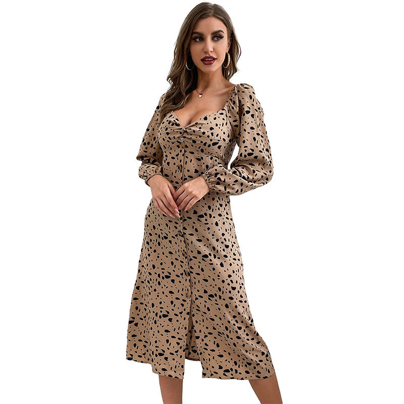 Leopard Print A-Line Midi Dress with Twist Front and Buttons