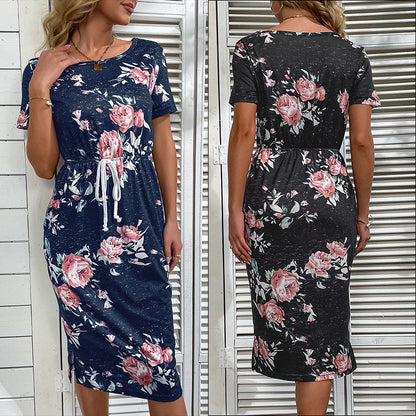 Floral Print Short-Sleeve Pencil Dress with Drawstring Waist