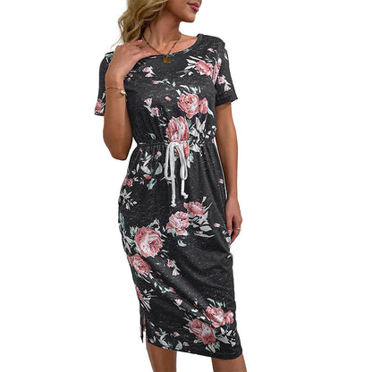 Floral Print Short-Sleeve Pencil Dress with Drawstring Waist