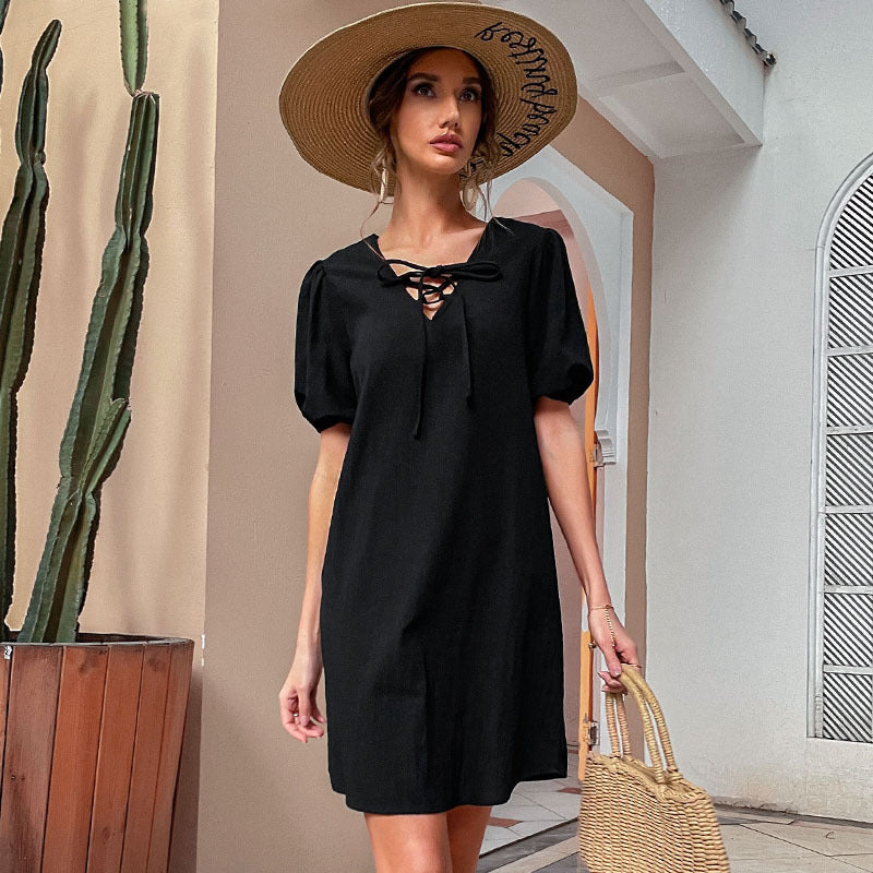 Solid A-Line Mini Dress with Tie-Up V-Neck and Puff Sleeves