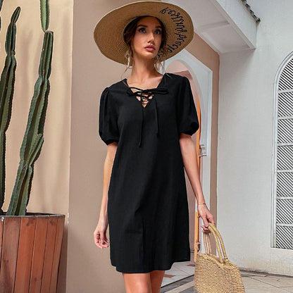 Solid A-Line Mini Dress with Tie-Up V-Neck and Puff Sleeves