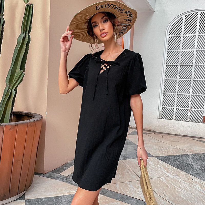 Solid A-Line Mini Dress with Tie-Up V-Neck and Puff Sleeves