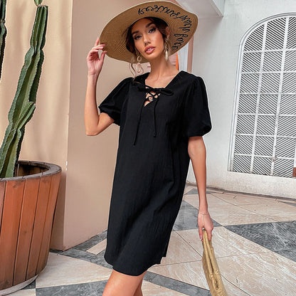 Solid A-Line Mini Dress with Tie-Up V-Neck and Puff Sleeves