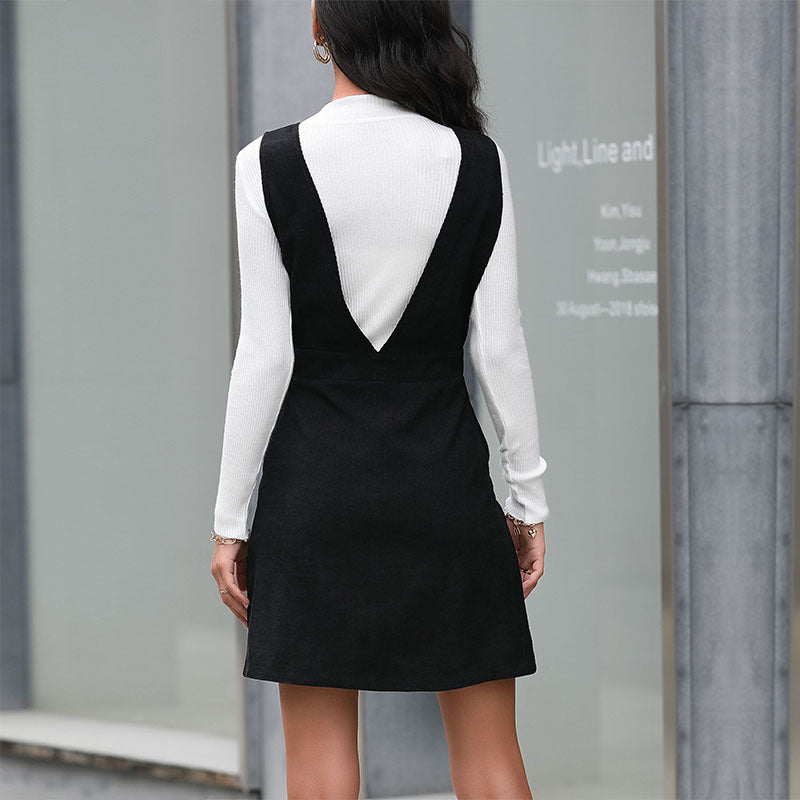 A-Line Corduroy Pinafore Dress with Button Front