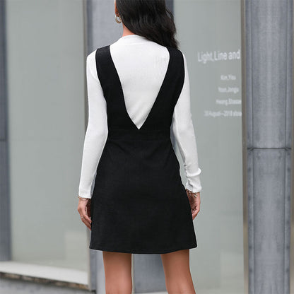 A-Line Corduroy Pinafore Dress with Button Front