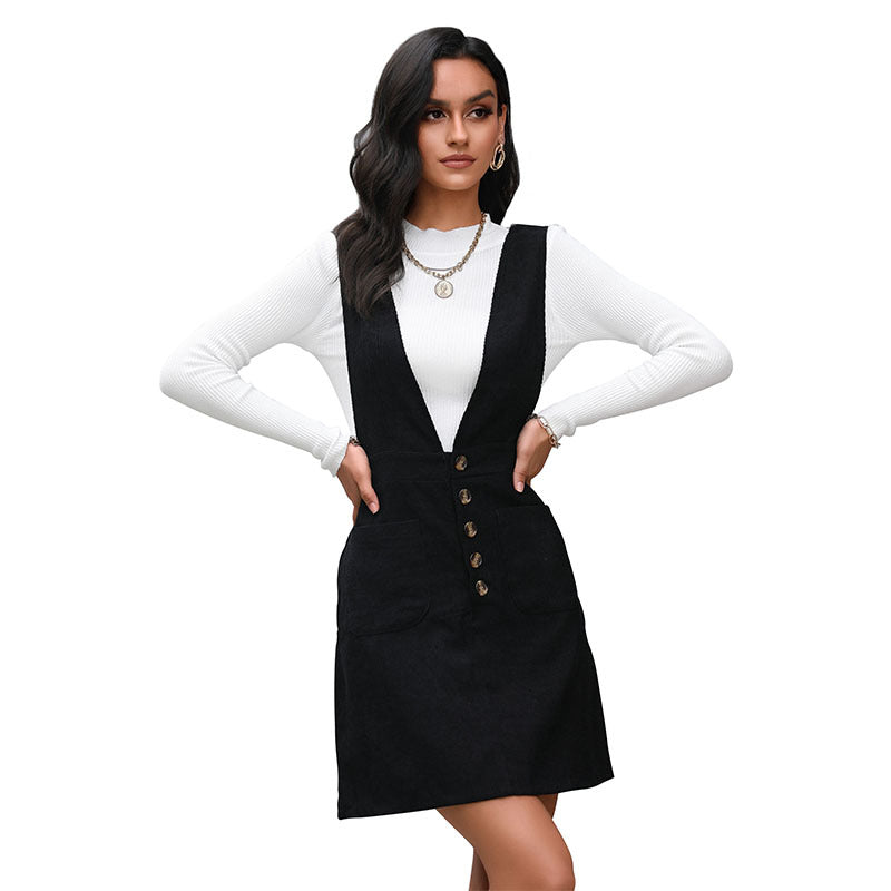 A-Line Corduroy Pinafore Dress with Button Front