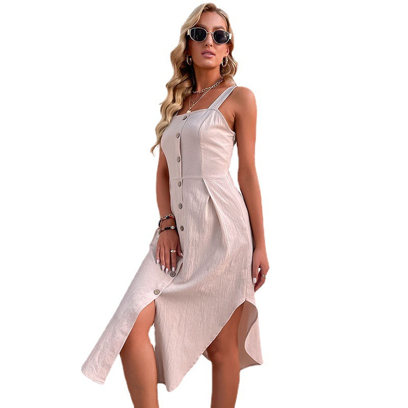 Solid A-Line Midi Dress with Button Front and Asymmetric Hem