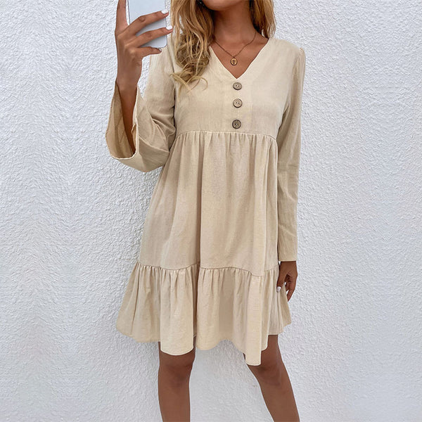 A-Line Cotton-Linen Mini Dress with V-Neck and Tiered Hem