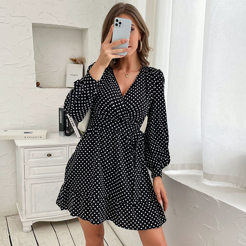 Polka Dot A-Line Mini Dress with V-Neck and Long Sleeves