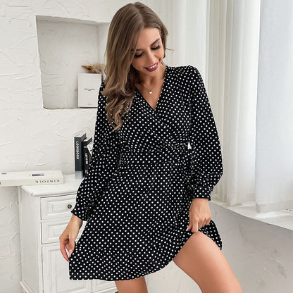 Polka Dot A-Line Mini Dress with V-Neck and Long Sleeves