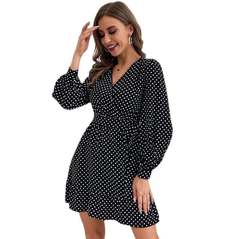 Polka Dot A-Line Mini Dress with V-Neck and Long Sleeves