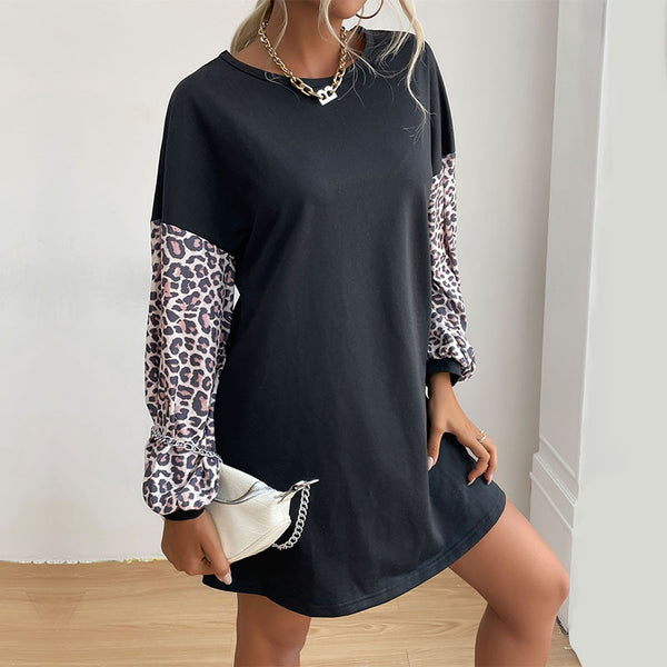A-Line Mini Sweatshirt Dress with Leopard Print Sleeves