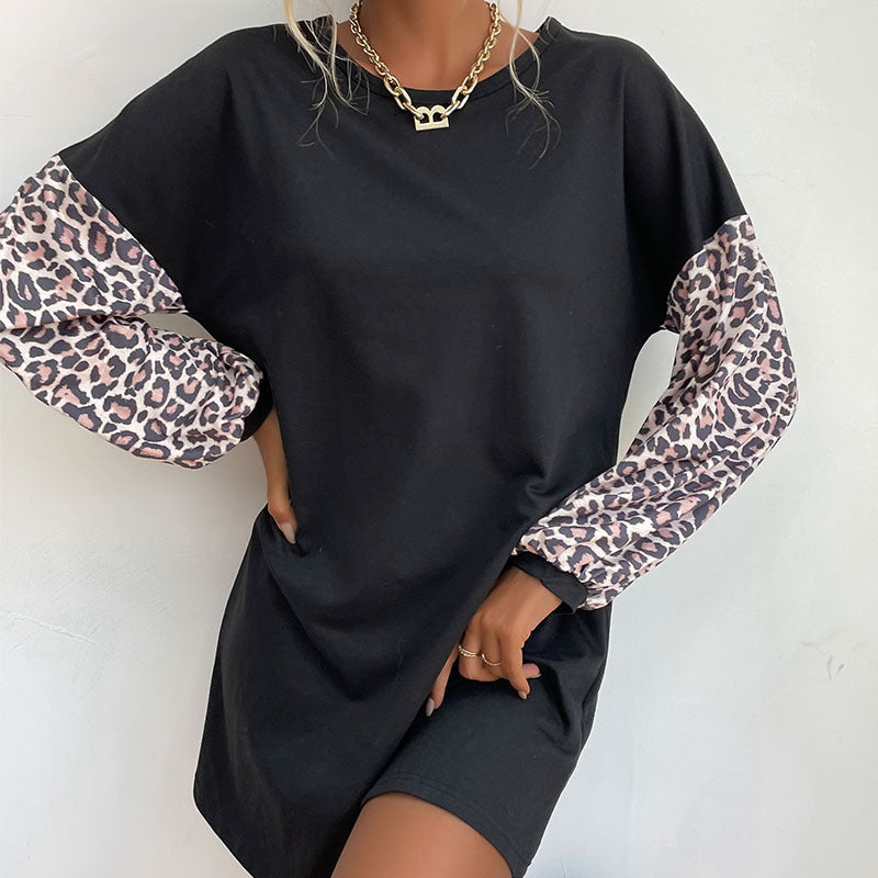 A-Line Mini Sweatshirt Dress with Leopard Print Sleeves