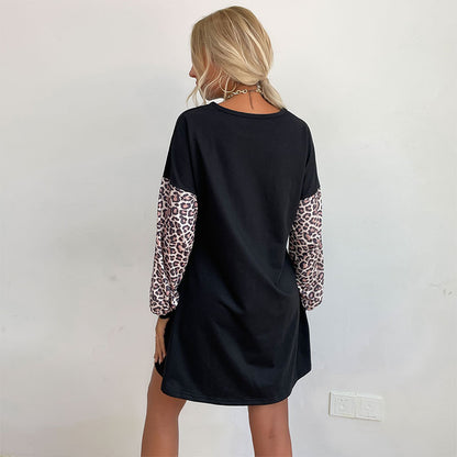 A-Line Mini Sweatshirt Dress with Leopard Print Sleeves