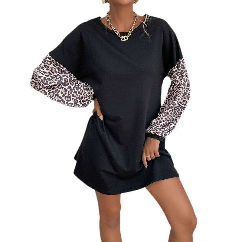 A-Line Mini Sweatshirt Dress with Leopard Print Sleeves