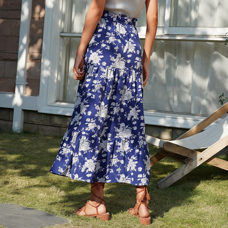 Floral Print Tiered Maxi Skirt with High Waist and Side Slit