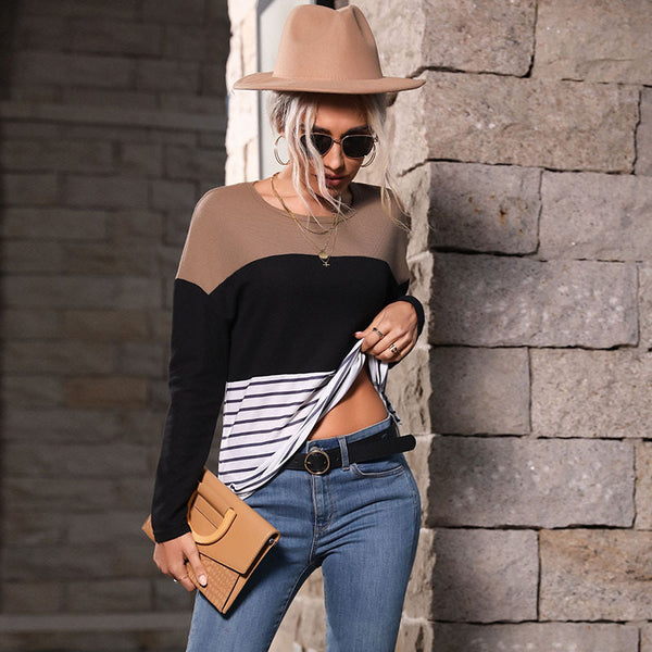 Color-Block Striped Pullover with Long Sleeves and Crewneck