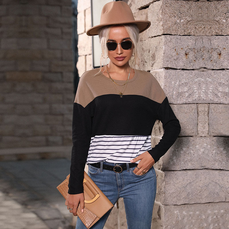 Color-Block Striped Pullover with Long Sleeves and Crewneck