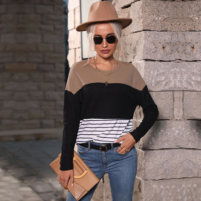 Color-Block Striped Pullover with Long Sleeves and Crewneck