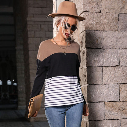 Color-Block Striped Pullover with Long Sleeves and Crewneck