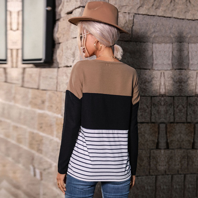 Color-Block Striped Pullover with Long Sleeves and Crewneck