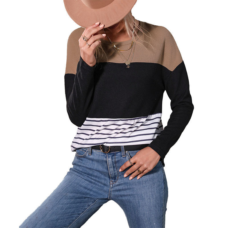 Color-Block Striped Pullover with Long Sleeves and Crewneck